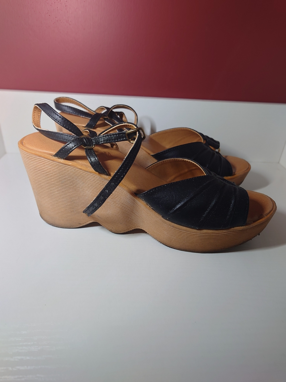 Vintage 70s Vaneli Black Leather Platform Wedge Sandals with Tan Wood-Look Sole